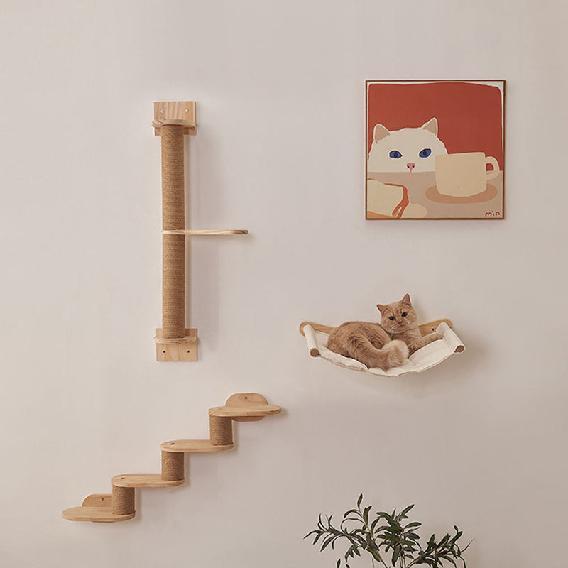 Árbol para gatos y condominio cilíndrico minimalista moderno de madera maciza de pino y tela de sisal con 1 hamaca y 1 poste rascador para la sala de estar 