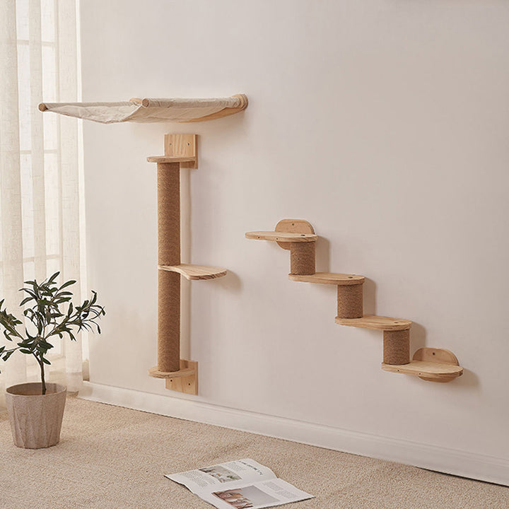 Árbol para gatos y condominio cilíndrico minimalista moderno de madera maciza de pino y tela de sisal con 1 hamaca y 1 poste rascador para la sala de estar 