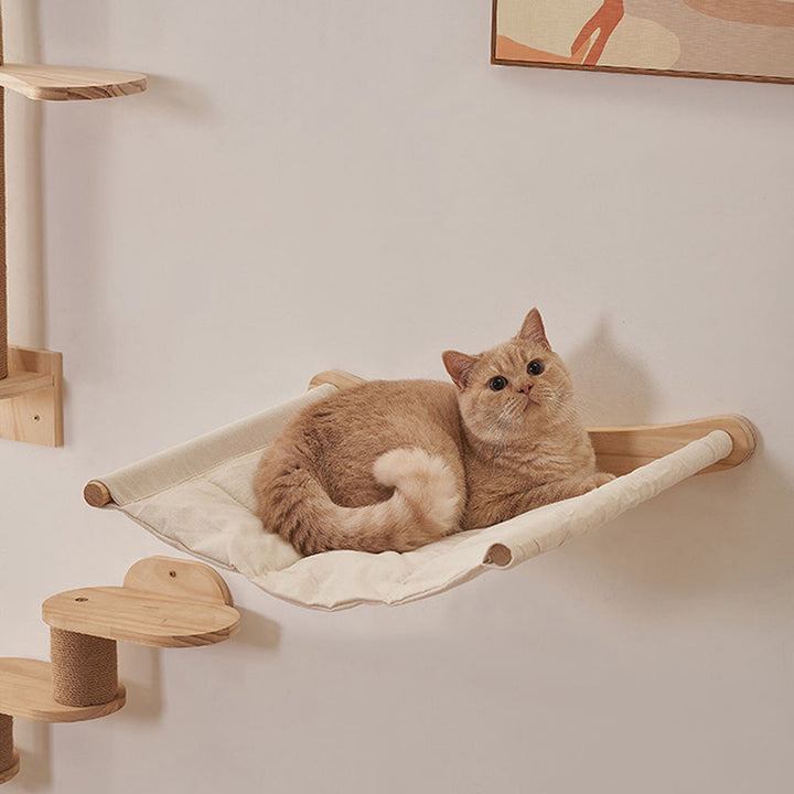 Árbol para gatos y condominio cilíndrico minimalista moderno de madera maciza de pino y tela de sisal con 1 hamaca y 1 poste rascador para la sala de estar 