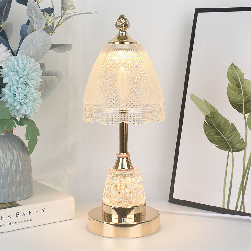 Traditional European Bell Shape Petal Edge Iron Glass LED Table Lamp For Bedroom
