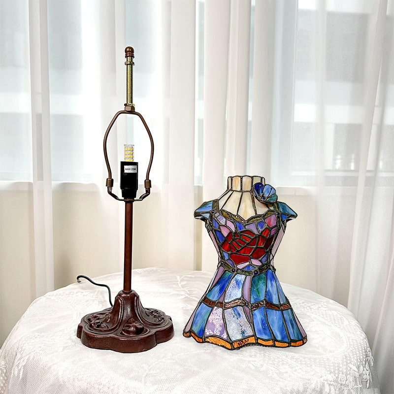 Traditional Tiffany Dress Shape Iron Glass 1-Light Table Lamp For Bedroom