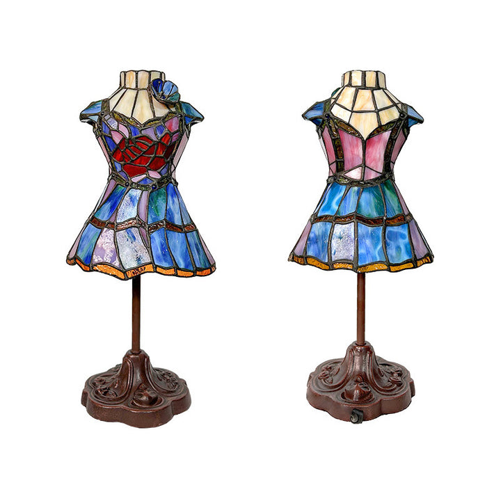 Traditional Tiffany Dress Shape Iron Glass 1-Light Table Lamp For Bedroom