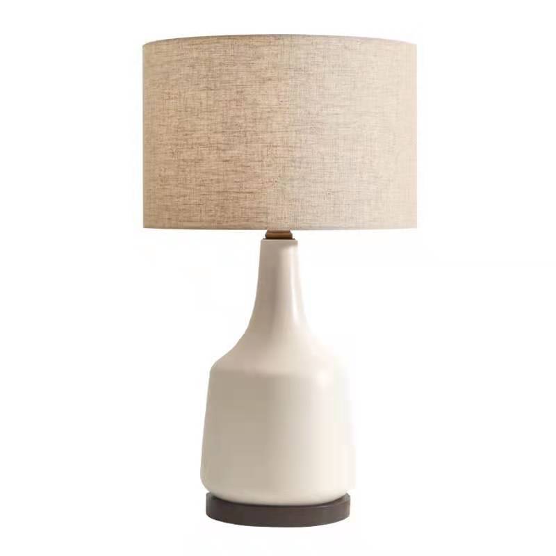 Contemporary Scandinavian Cylindrical Linen Fabric Ceramic 1-Light Table Lamp For Bedroom