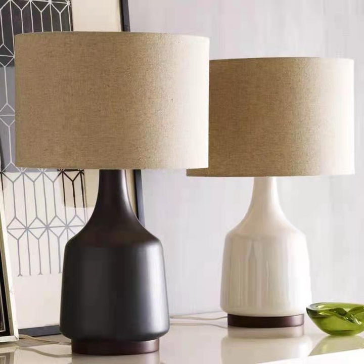 Contemporary Scandinavian Cylindrical Linen Fabric Ceramic 1-Light Table Lamp For Bedroom