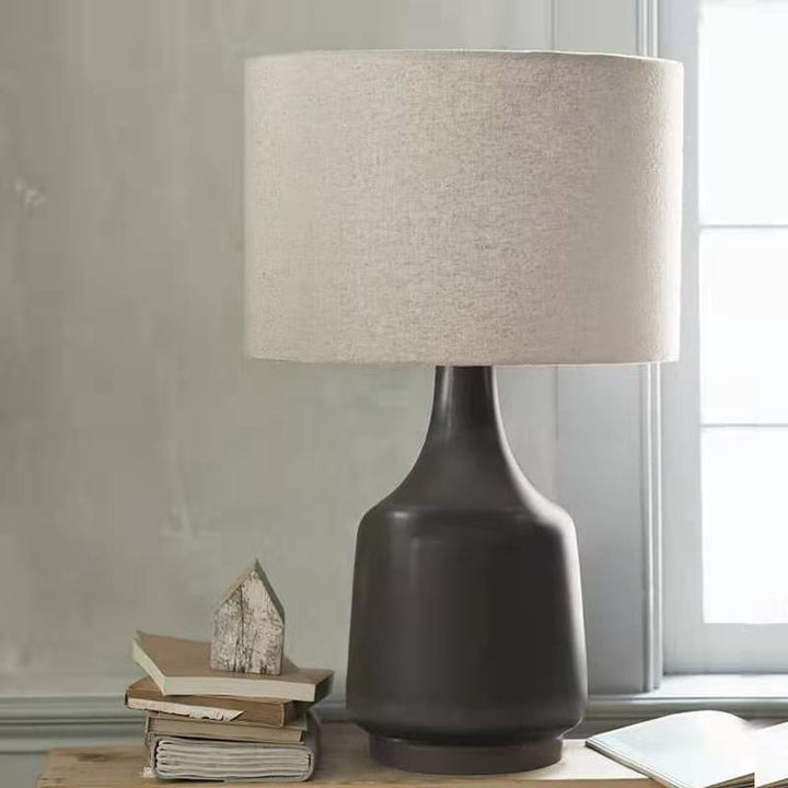Contemporary Scandinavian Cylindrical Linen Fabric Ceramic 1-Light Table Lamp For Bedroom