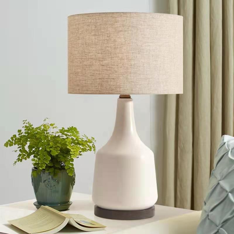 Contemporary Scandinavian Cylindrical Linen Fabric Ceramic 1-Light Table Lamp For Bedroom