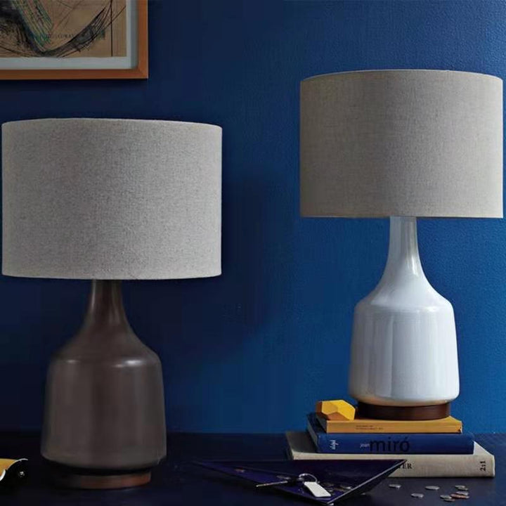 Contemporary Scandinavian Cylindrical Linen Fabric Ceramic 1-Light Table Lamp For Bedroom