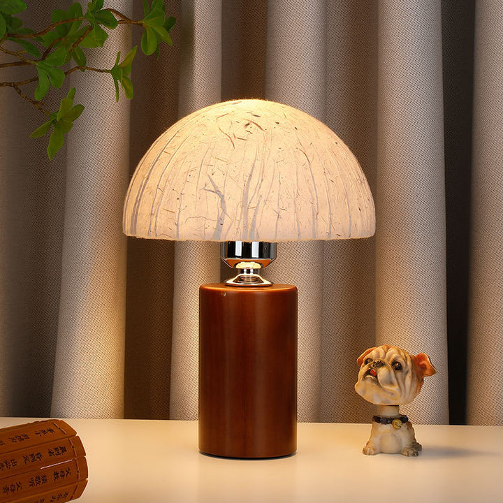 Traditional Japanese Cylindrical Handmade Paper Ceramic Wooden Base 1-Light Table Lamp For Bedroom