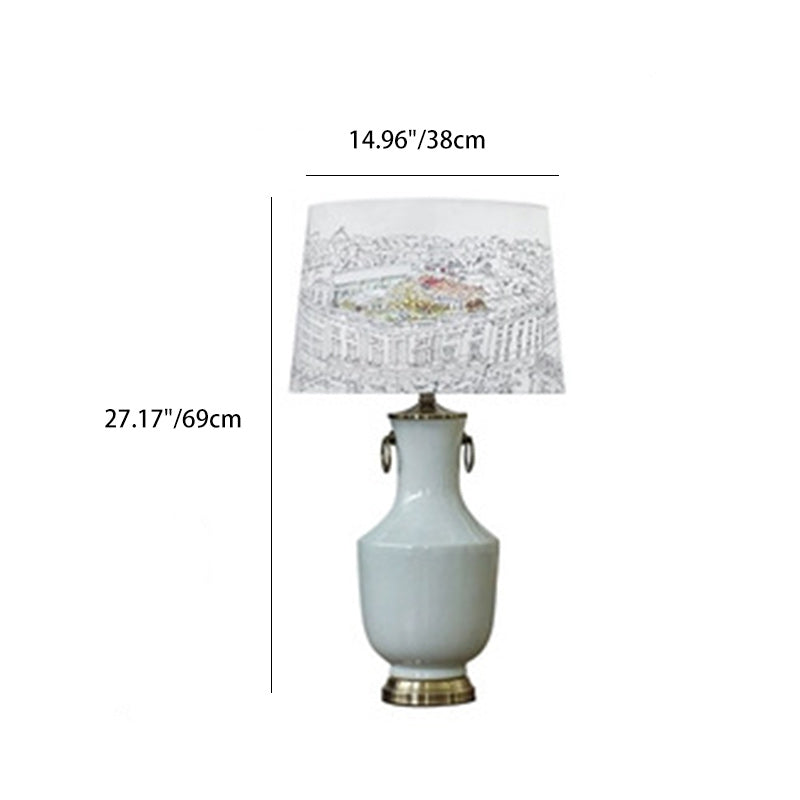 Traditional European Trapezoid Ceramic Fabric 1-Light Table Lamp For Bedroom