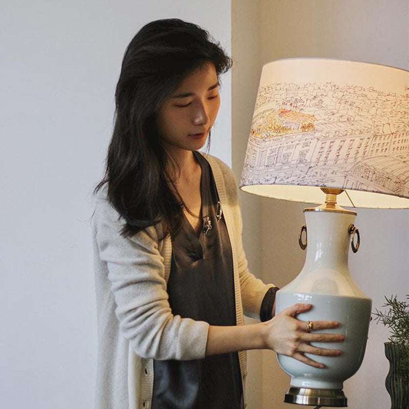 Traditional European Trapezoid Ceramic Fabric 1-Light Table Lamp For Bedroom