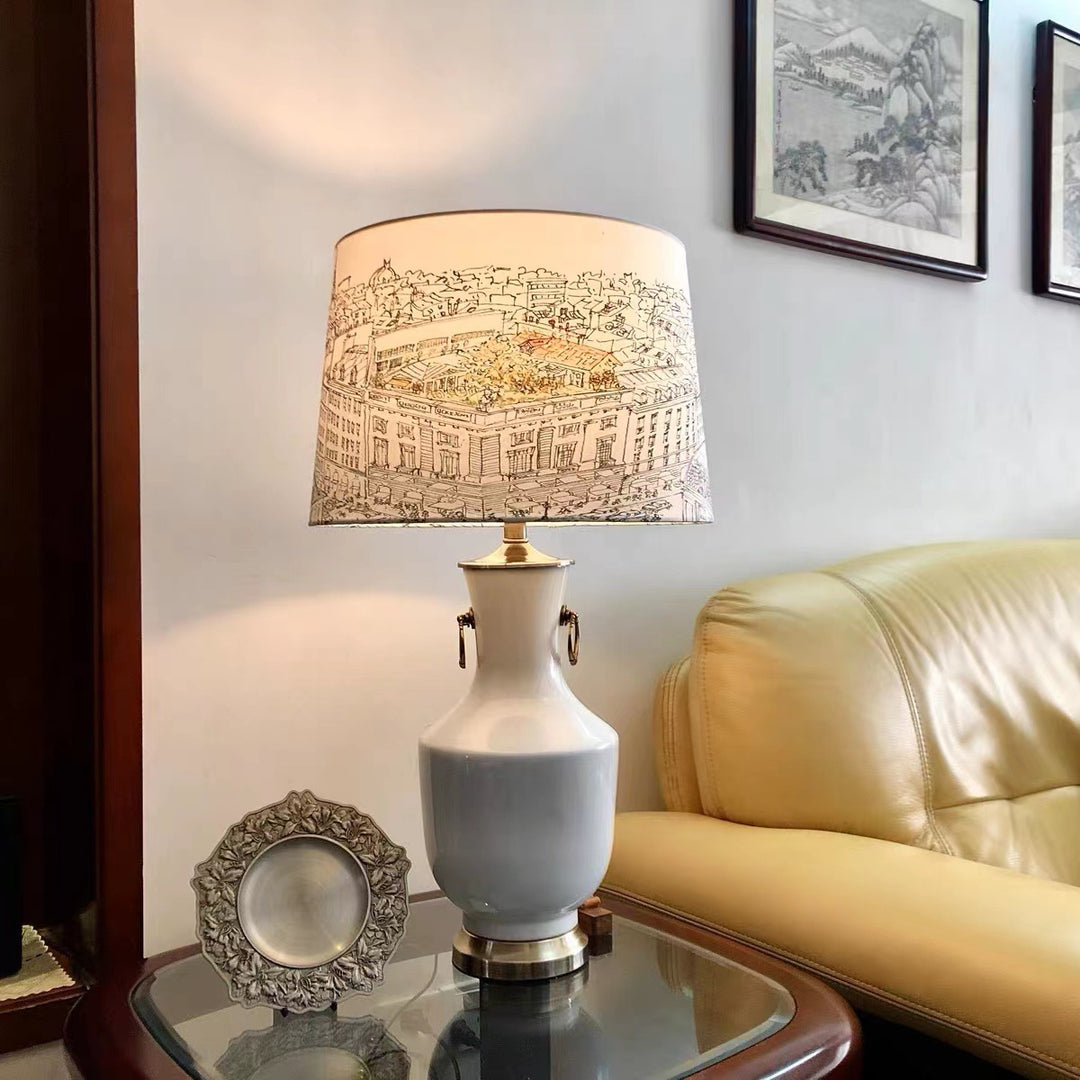 Traditional European Trapezoid Ceramic Fabric 1-Light Table Lamp For Bedroom