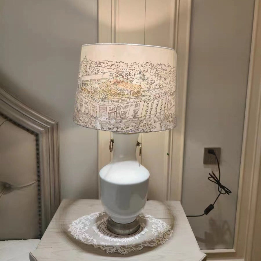 Traditional European Trapezoid Ceramic Fabric 1-Light Table Lamp For Bedroom