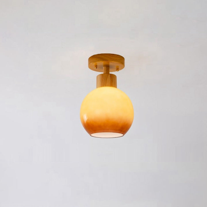 Contemporary Scandinavian Round Rubberwood Glass 1-Light Semi-Flush Mount Ceiling Light For Living Room