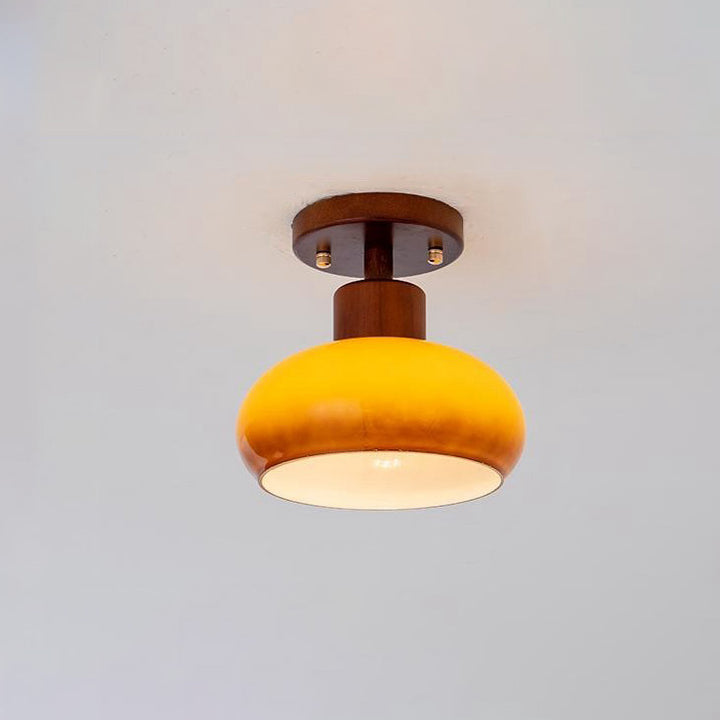 Contemporary Scandinavian Round Rubberwood Glass 1-Light Semi-Flush Mount Ceiling Light For Living Room