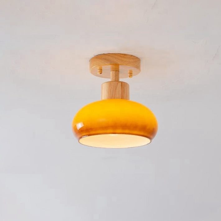 Contemporary Scandinavian Round Rubberwood Glass 1-Light Semi-Flush Mount Ceiling Light For Living Room