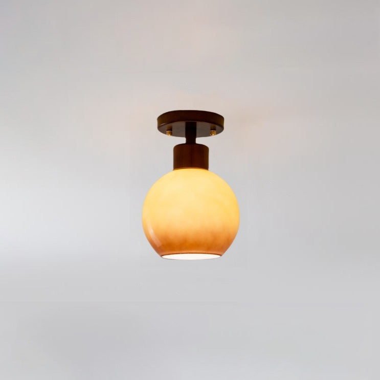 Contemporary Scandinavian Round Rubberwood Glass 1-Light Semi-Flush Mount Ceiling Light For Living Room