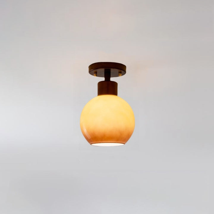 Contemporary Scandinavian Round Rubberwood Glass 1-Light Semi-Flush Mount Ceiling Light For Living Room