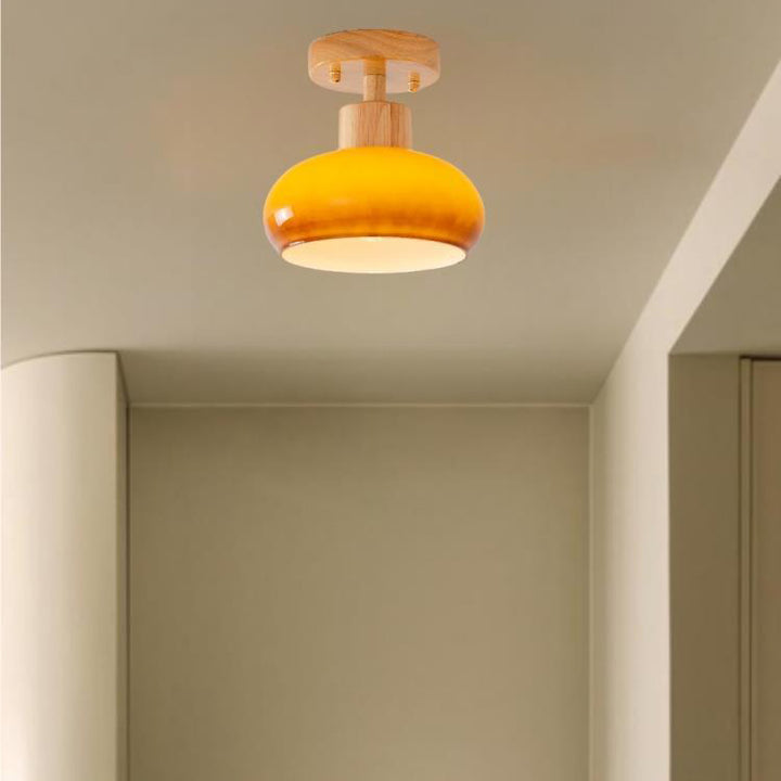 Contemporary Scandinavian Round Rubberwood Glass 1-Light Semi-Flush Mount Ceiling Light For Living Room