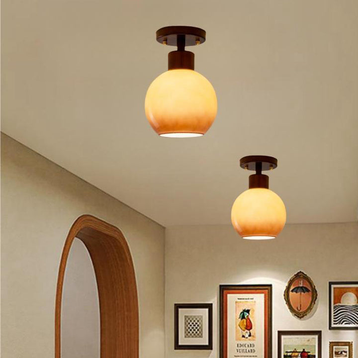 Contemporary Scandinavian Round Rubberwood Glass 1-Light Semi-Flush Mount Ceiling Light For Living Room