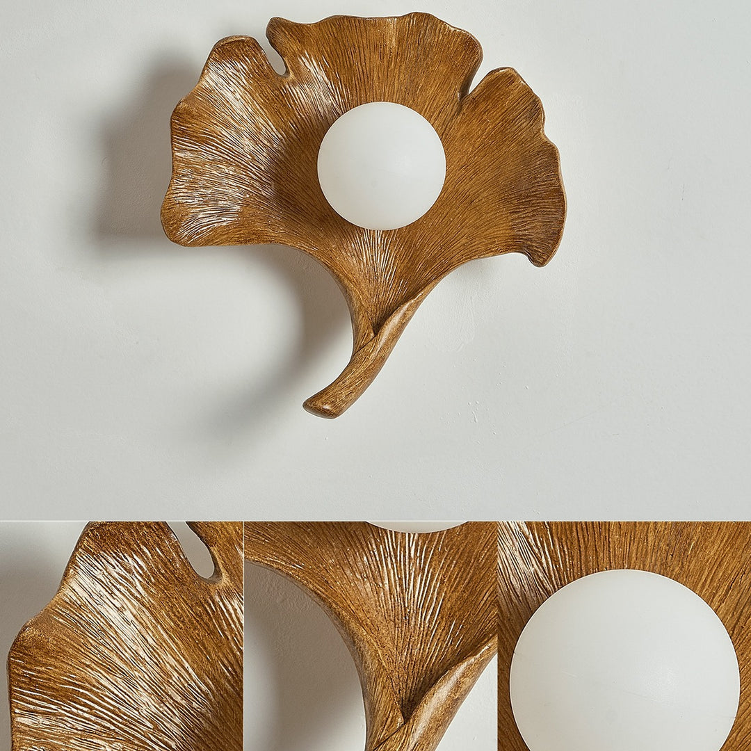 Traditional Vintage Ginkgo Leaf Shape Iron FRP Glass 1-Light Wall Sconce Lamp For Living Room