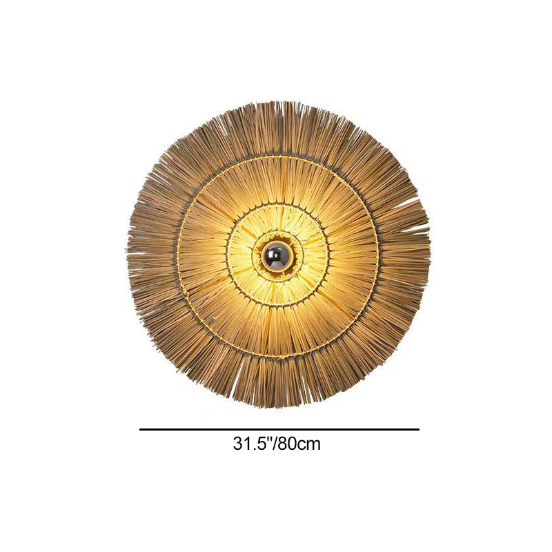 Traditional Japanese Round Woven Grass Iron 1-Light Wall Sconce Lamp For Bedroom