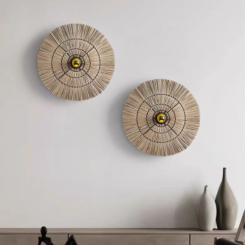 Traditional Japanese Round Woven Grass Iron 1-Light Wall Sconce Lamp For Bedroom