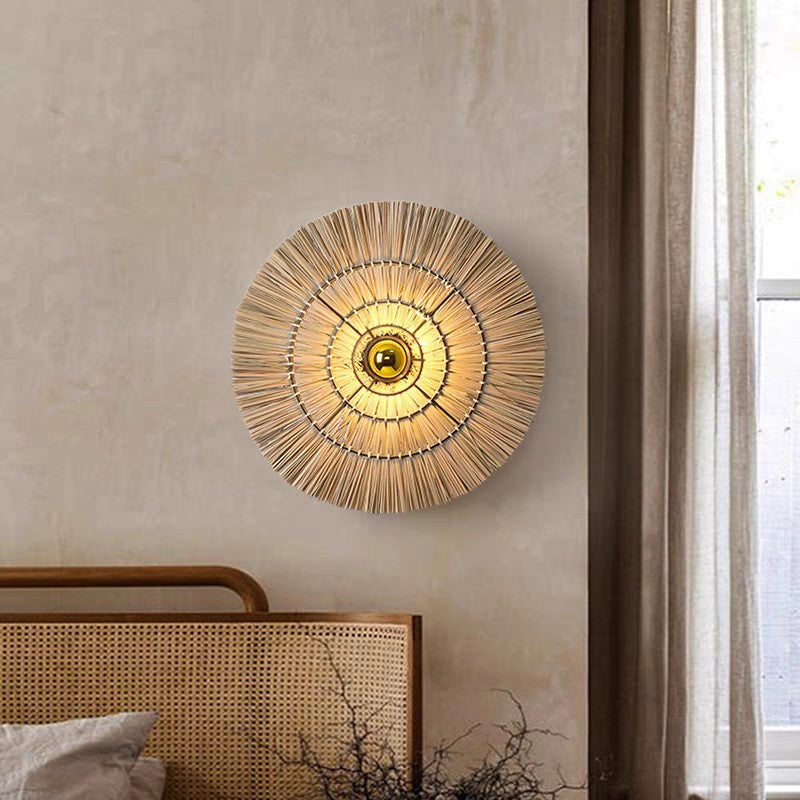 Traditional Japanese Round Woven Grass Iron 1-Light Wall Sconce Lamp For Bedroom