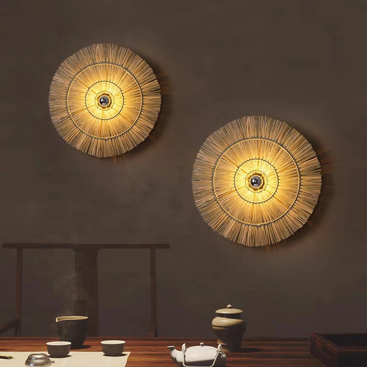 Traditional Japanese Round Woven Grass Iron 1-Light Wall Sconce Lamp For Bedroom