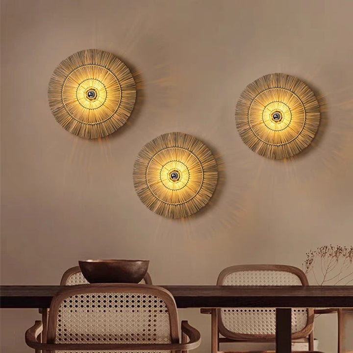 Traditional Japanese Round Woven Grass Iron 1-Light Wall Sconce Lamp For Bedroom