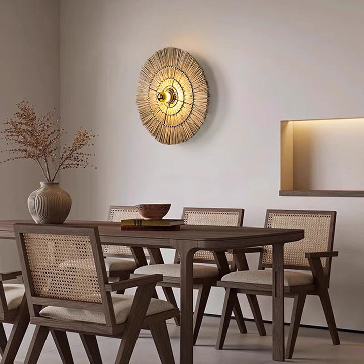 Traditional Japanese Round Woven Grass Iron 1-Light Wall Sconce Lamp For Bedroom