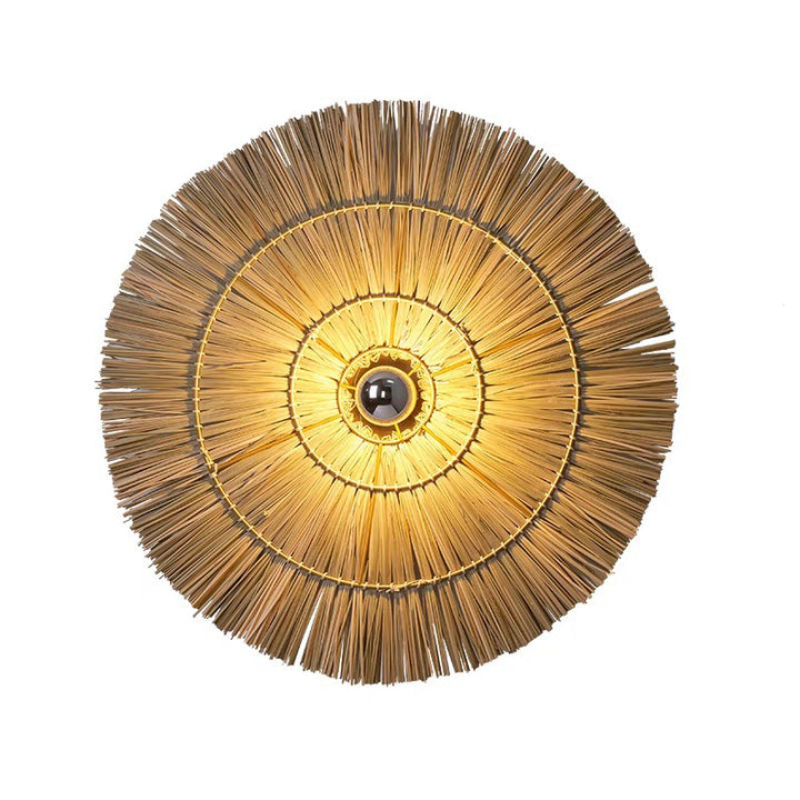 Traditional Japanese Round Woven Grass Iron 1-Light Wall Sconce Lamp For Bedroom