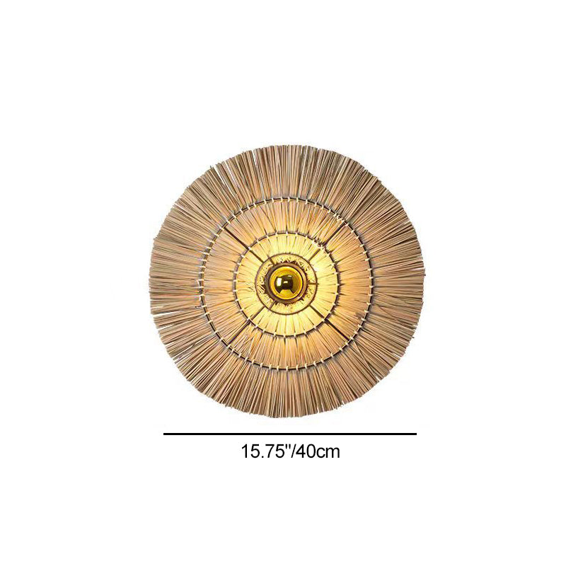 Traditional Japanese Round Woven Grass Iron 1-Light Wall Sconce Lamp For Bedroom