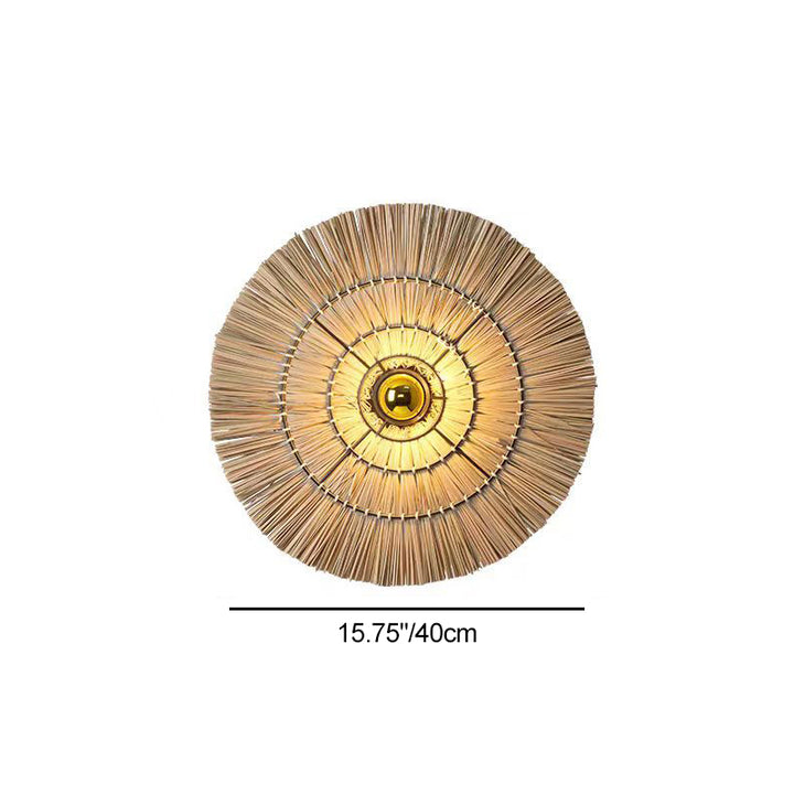 Traditional Japanese Round Woven Grass Iron 1-Light Wall Sconce Lamp For Bedroom