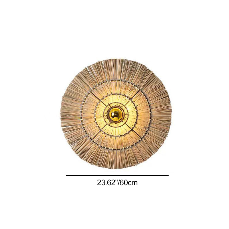 Traditional Japanese Round Woven Grass Iron 1-Light Wall Sconce Lamp For Bedroom