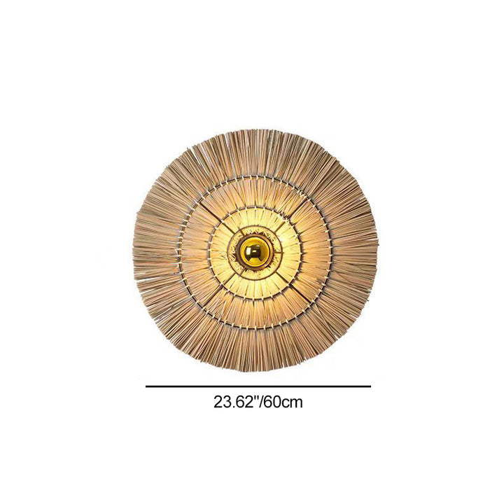Traditional Japanese Round Woven Grass Iron 1-Light Wall Sconce Lamp For Bedroom