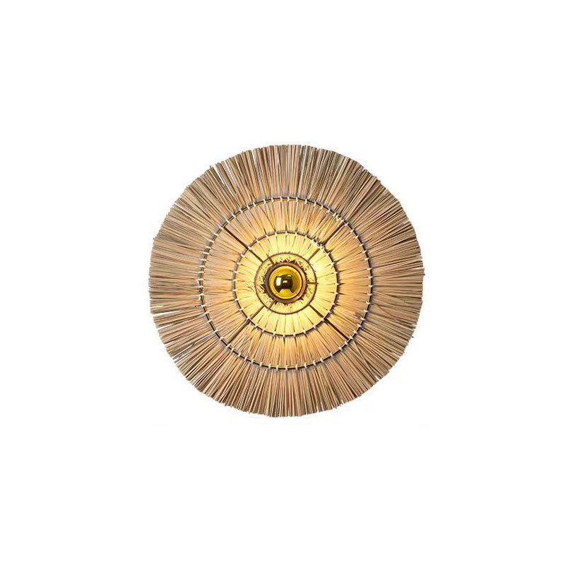 Traditional Japanese Round Woven Grass Iron 1-Light Wall Sconce Lamp For Bedroom