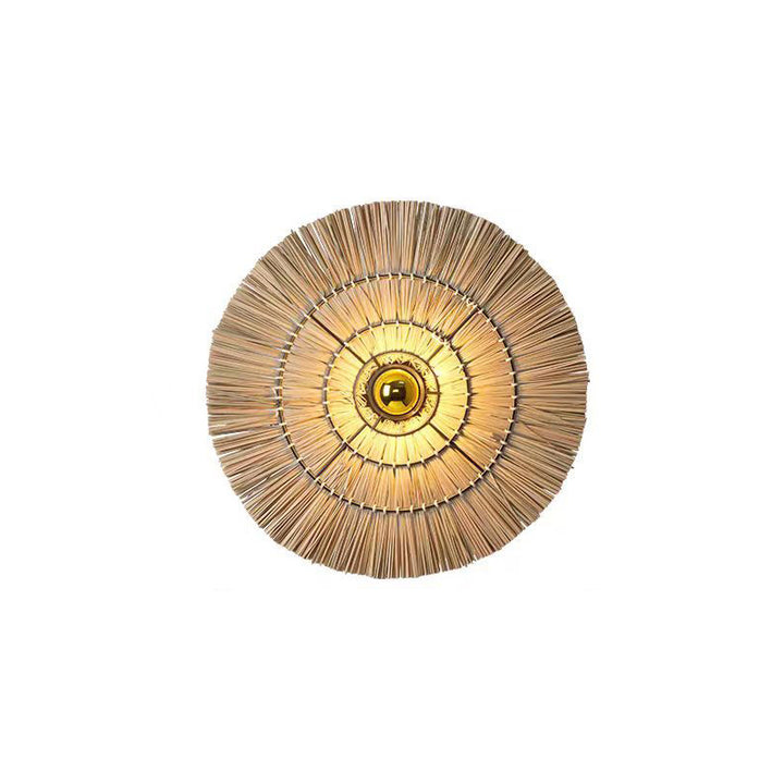 Traditional Japanese Round Woven Grass Iron 1-Light Wall Sconce Lamp For Bedroom