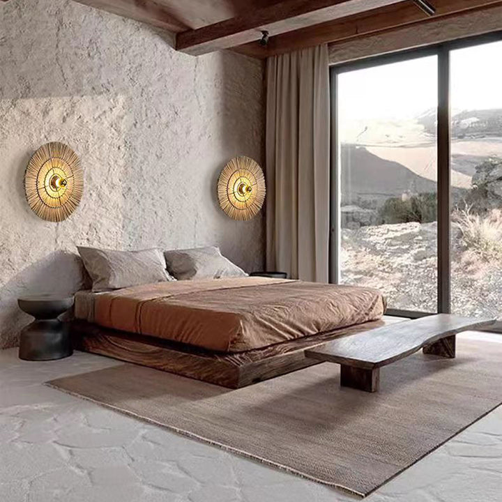 Traditional Japanese Round Woven Grass Iron 1-Light Wall Sconce Lamp For Bedroom