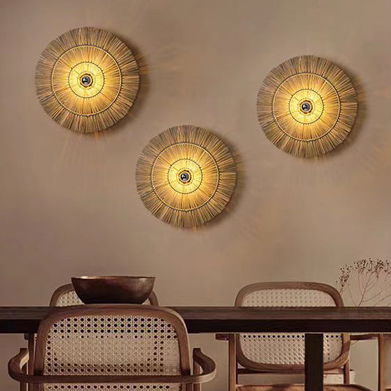 Traditional Japanese Round Woven Grass Iron 1-Light Wall Sconce Lamp For Bedroom
