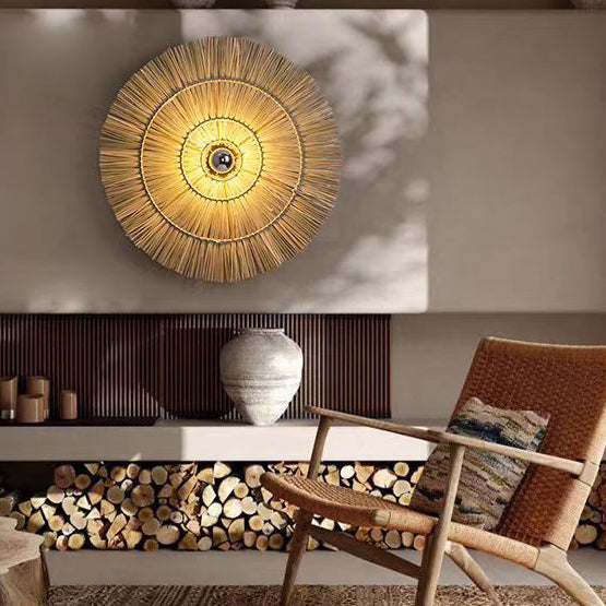 Traditional Japanese Round Woven Grass Iron 1-Light Wall Sconce Lamp For Bedroom