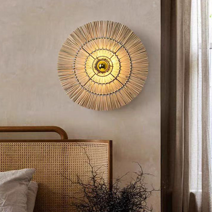 Traditional Japanese Round Woven Grass Iron 1-Light Wall Sconce Lamp For Bedroom