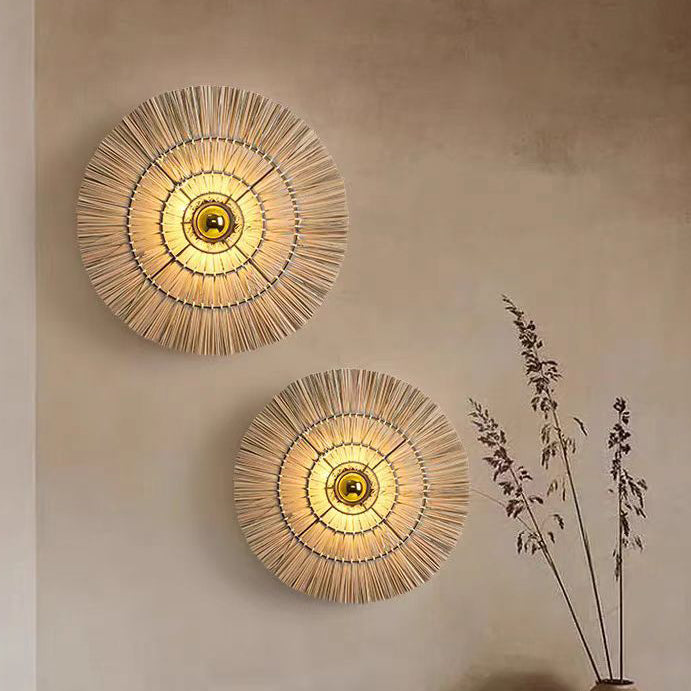Traditional Japanese Round Woven Grass Iron 1-Light Wall Sconce Lamp For Bedroom
