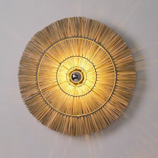 Traditional Japanese Round Woven Grass Iron 1-Light Wall Sconce Lamp For Bedroom