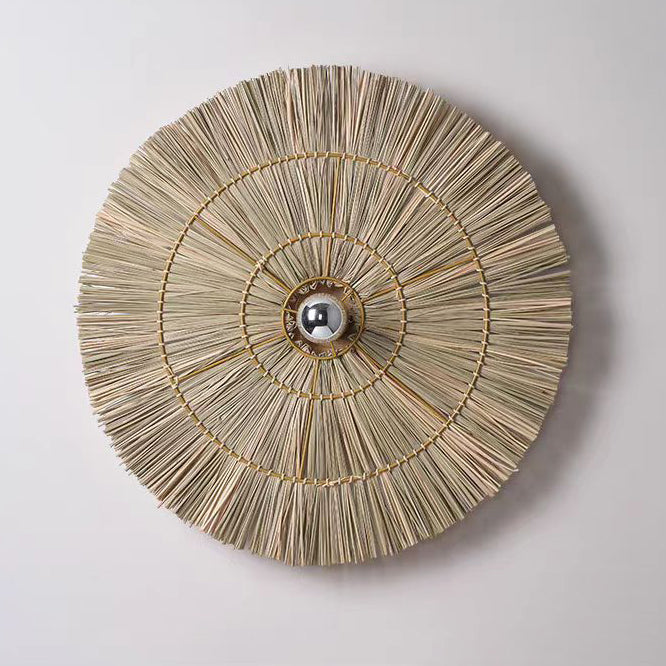 Traditional Japanese Round Woven Grass Iron 1-Light Wall Sconce Lamp For Bedroom