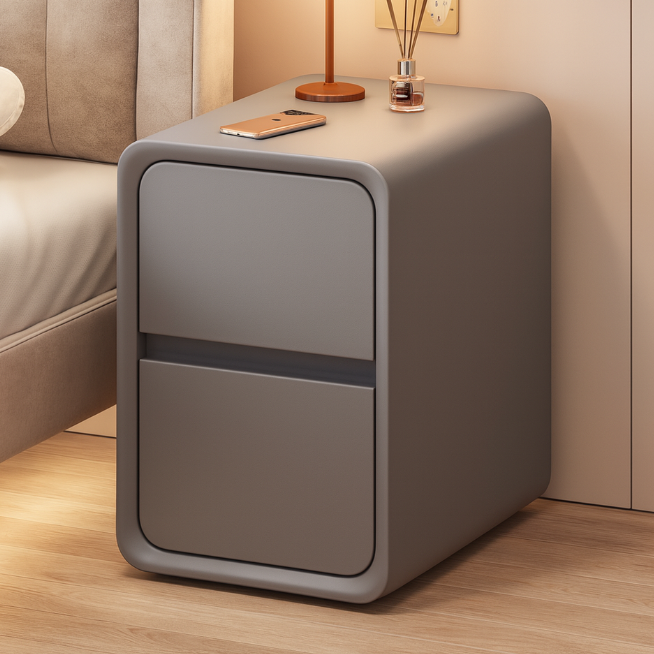 Moderner minimalistischer Nachttisch aus Mikrofaserleder, Massivholz und Metall mit abgerundeten Ecken und 2 Schubladen für das Schlafzimmer 