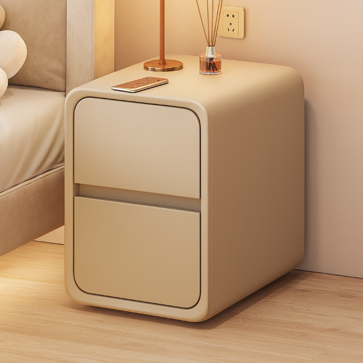 Moderner minimalistischer Nachttisch aus Mikrofaserleder, Massivholz und Metall mit abgerundeten Ecken und 2 Schubladen für das Schlafzimmer 