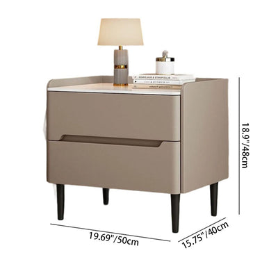 Modern Luxury Sintered Stone Pine Wood Nappa Leather Rounded Square Nightstand With 2 Drawers For Bedroom