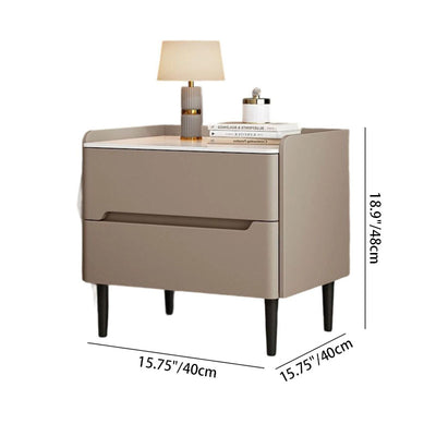 Modern Luxury Sintered Stone Pine Wood Nappa Leather Rounded Square Nightstand With 2 Drawers For Bedroom