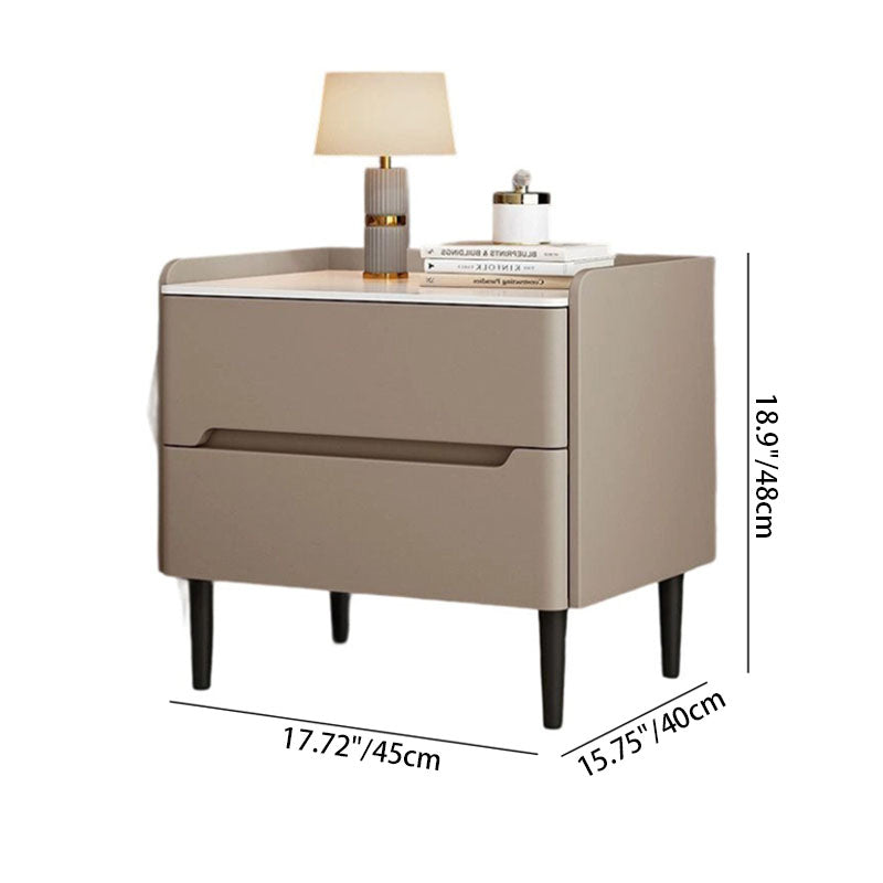 Modern Luxury Sintered Stone Pine Wood Nappa Leather Rounded Square Nightstand With 2 Drawers For Bedroom