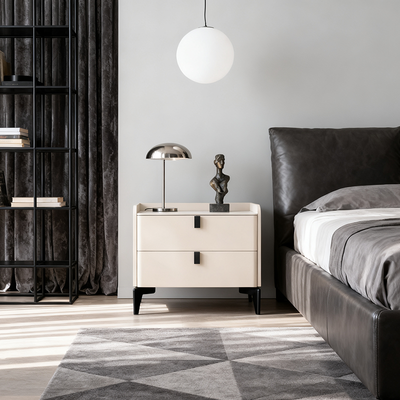 Contemporary Nordic Dual-Finish Nightstand - Square Sintered Stone Top Bedside Table For Bedroom